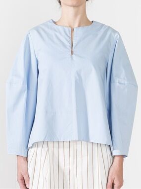 Tibi Zip Front Poplin Shirt Sculpted Balloon Sleeve Blouse Loose Fit Blue